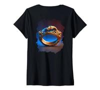 Femme Backprint Dragon d'or Mystique dans l'anneau de Espace Bleu T-Shirt avec Col en V