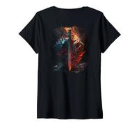 Femme Backprint Épée flamboyante et Bouclier de Pierre Le Symbole T-Shirt avec Col en V