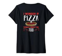 Femme Backprint Je me Demande si la Pizza Pense Aussi à Moi T-Shirt avec Col en V