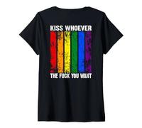 Femme Backprint Kiss Whoever The Fuck You Want LGBTQIA+ Arc-en-Ciel T-Shirt avec Col en V