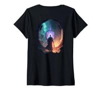 Femme Backprint L'Aventure du Sorcier et Le Portail Mystique T-Shirt avec Col en V