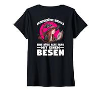 Femme Backprint Ne sous-Estimez jamais Une Vieille Femme maléfique avec Un Balai T-Shirt avec Col en V