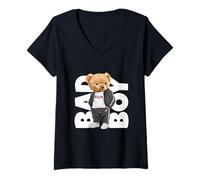 Femme Bad Boy Tee Shirt, Funny Teddy Bear Graphic Design Style Fun T-Shirt avec Col en V