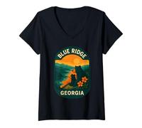 Femme Badge Blue Ridge Georgia Black Bear Mountain au Coucher du Soleil T-Shirt avec Col en V