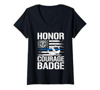 Femme Badge Honor Courage Police T-Shirt avec Col en V