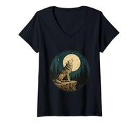 Femme Badge Vintage gravé en Plein air Motif Loup Solitaire T-Shirt avec Col en V