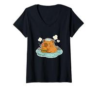 Femme Bain Relaxant Capybara Burger Onsen T-Shirt avec Col en V
