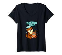Femme Baking Time Fouet de Chef Loutre Mignon Dessin animé T-Shirt avec Col en V