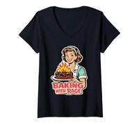 Femme Baking with Rage Menagere Annees 50 Pop Art Humour T-Shirt avec Col en V