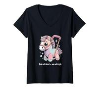 Femme Balade de Poney Kawaii avec cœur Gagnant avec Style T-Shirt avec Col en V