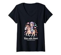 Femme Balade de Poney Kawaii avec cœur Gagnant avec Style T-Shirt avec Col en V