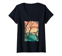 Femme Balade du Soir À Edo Paysage Ukiyo-e Sérénité Art Japonais T-Shirt avec Col en V