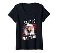 Femme Bald is Beautiful Lunettes Aigle Drapeau Fierté Patriote T-Shirt avec Col en V