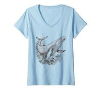 Femme Baleine Bleue Amoureux des Baleines à Bosse T-Shirt avec Col en V