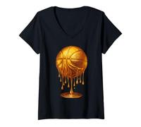 Femme Ballon de Basket Amusant Golden Drip Cool Esthétique Sports Amateurs de Dunk T-Shirt avec Col en V