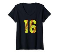 Femme Ballon de Softball #16 en Jersey Fastpitch pour Maman numéro 16 Fan T-Shirt avec Col en V