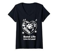 Femme Band Life Live and Loud Musicien Cœur T-Shirt avec Col en V