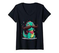 Femme Bandana Humoristique avec Moustache Mignon Dinosaure T-Shirt avec Col en V