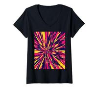 Femme Bande dessinée rétro Abstraite Synthwave Explosion, Rose Fluo, Jaune T-Shirt avec Col en V