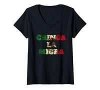 Femme Bandera rétro Chinga La Migra Mexique Drapeau de l'Immigration ICE T-Shirt avec Col en V
