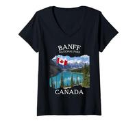 Femme Banff Souvenir Hommes Drapeau Canadien Touristes Lacs Femmes Randonneurs T-Shirt avec Col en V