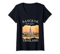 Femme Bangkok Thaïlande Souvenir Temple de l'aube Wat Arun Bouddhisme T-Shirt avec Col en V
