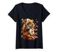 Femme Banjoist Écureuil Jouant Banjo Picker Automne Feuilles Automne T-Shirt avec Col en V