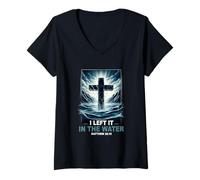 Femme Baptême I Left It in The Water Matthew 28 19 Croix Religieuse T-Shirt avec Col en V