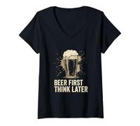 Femme Bar à bière drôle Vintage Cadeau Humoristique Think Later T-Shirt avec Col en V