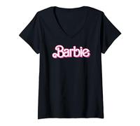 Femme Barbie - Logo rétro rose et blanc T-Shirt avec Col en V