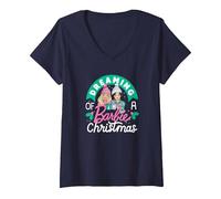 Femme Barbie - Rever d'une Barbie - Noel T-Shirt avec Col en V, Bleu Marine, XXL