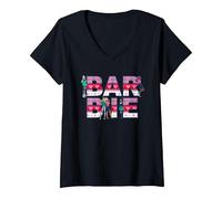 Femme Barbie - Sweater Logo Festif T-Shirt avec Col en V, Noir, S
