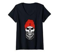 Femme Barbu Bonnet Rouge avec Hermine Breizh Celte Bretagne T-Shirt avec Col en V