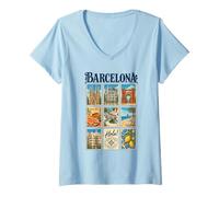 Femme Barcelone Espagne Vintage Voyage Collage Catalogne Monuments T-Shirt avec Col en V