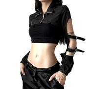 Femme Bare Crop Top Y2K Manches Longues Boucle Irrégulière T-Shirt Gothique Pull Punk Fermeture Éclair Tops Courts Clubwear Veste Courte Streetwear Sweat