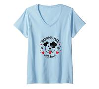 Femme Barking Mad with Love : Cute Dog Lover Graphic T-Shirt avec Col en V, Bleu Céleste, XXL