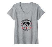 Femme Barking Mad with Love : Cute Dog Lover Graphic T-Shirt avec Col en V, Gris Chiné, M