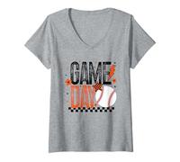 Femme Baseball Game Day Mom Coach Player Girls Retro Orange Noir T-Shirt avec Col en V