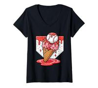 Femme Baseball Ice Cream Drip Baseball Fraise pour Jeunes Rouge T-Shirt avec Col en V