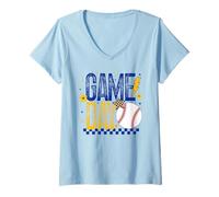 Femme Baseball Mom Coach Girls Baseball Player Retro Bleu & Jaune T-Shirt avec Col en V