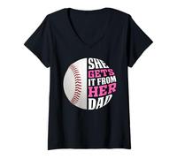 Femme Baseball Saying She Gets It from Her Dad Funny Baseball Dad T-Shirt avec Col en V