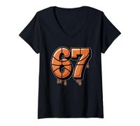 Femme Basketball Drip Numéro 67 Joueur ou 67ème Anniversaire Six Sept T-Shirt avec Col en V