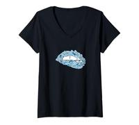Femme Baskets Bleues Lips Blue Color Graphic T-Shirt avec Col en V