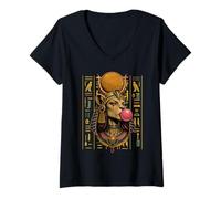 Femme Bastet Bubblegum Hiéroglyphics Déesse du Chat égyptienne T-Shirt avec Col en V