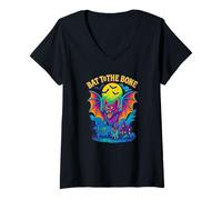 Femme Bat to The Bone Retro Halloween Bat Artwork T-Shirt avec Col en V
