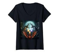 Femme Bataille de Dragon épique sous la Pleine Lune Fantasy Art T-Shirt avec Col en V