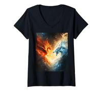 Femme Bataille Épique Entre Feu Et Glace T-Shirt avec Col en V