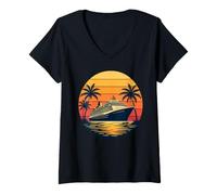 Femme Bateau de croisière Coucher de Soleil Rayures Palmier scène rétro T-Shirt avec Col en V