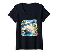Femme Bateau de croisière Tropicale - Scène d'île T-Shirt avec Col en V