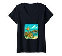 Femme Bateau Plage Océan Lac Fleurs Floral Paix Calme Relaxation T-Shirt avec Col en V